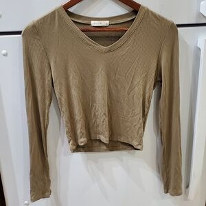Olive Green Long Sleeve V-Neck Top